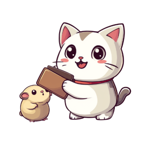 cat holding a wallet, a hamster standing next to him also taking a look